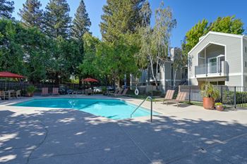 A swimming pool surrounded by trees and a building in the background.